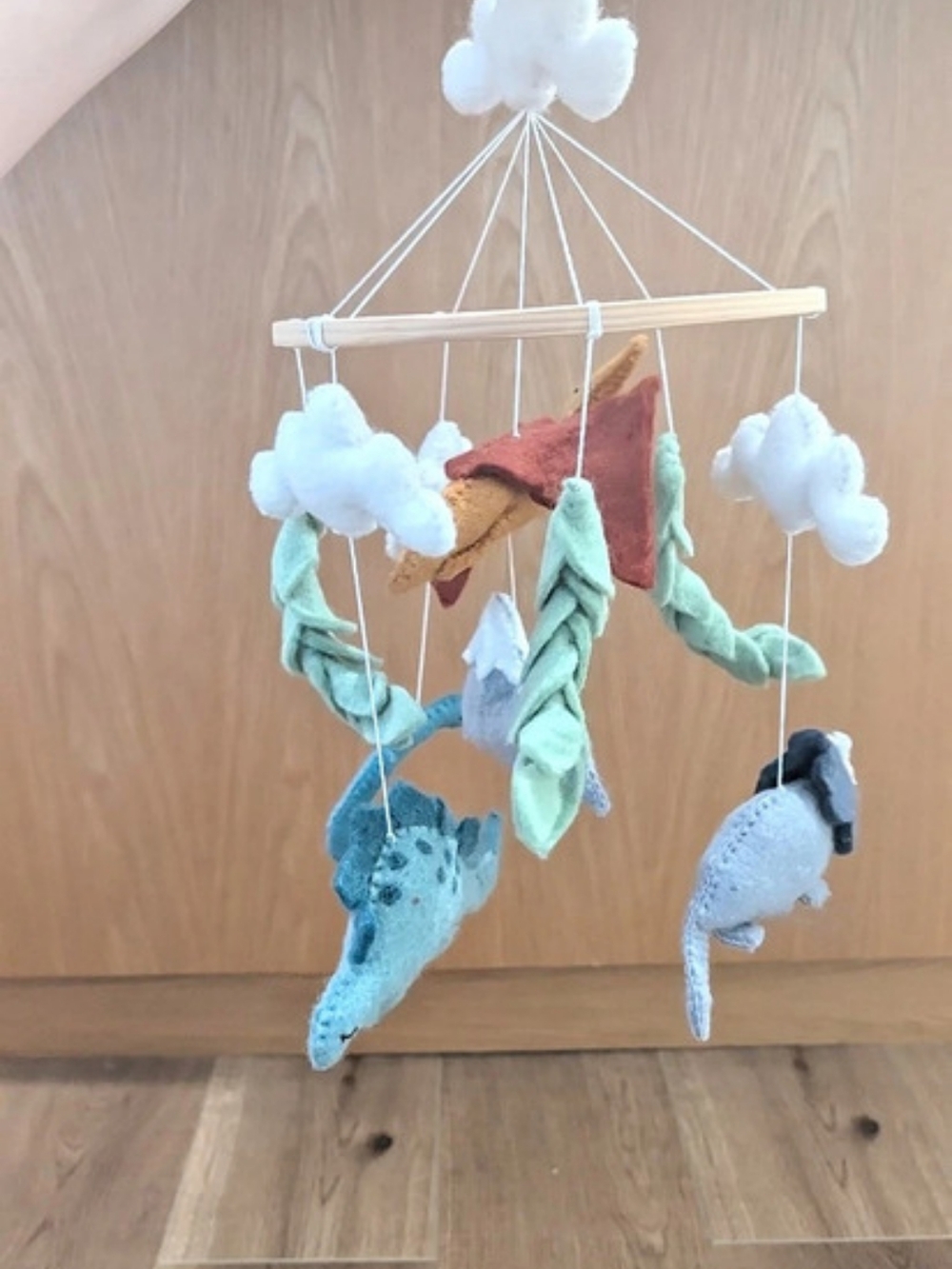 Handmade felt dinosaur hanging mobile